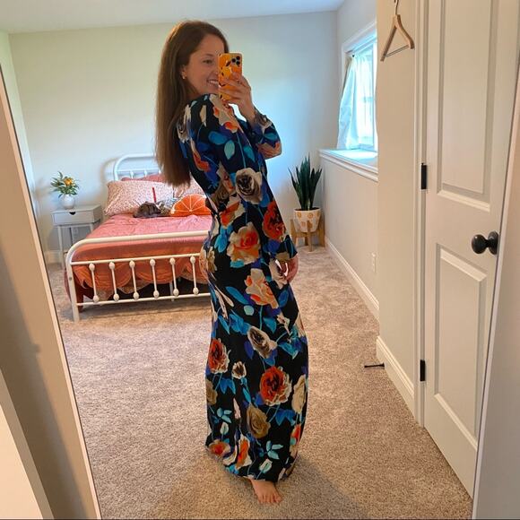 MSGM Milano Blue Red Black Rose Floral Long Sleeve Maxi Gown Dress XS - Picture 9 of 16